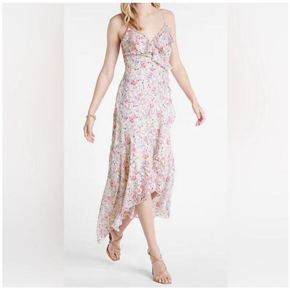 Express Floral Print Ruffle Faux Wrap Hi-Lo Maxi Dress Feminine Size L - Picture 1 of 11